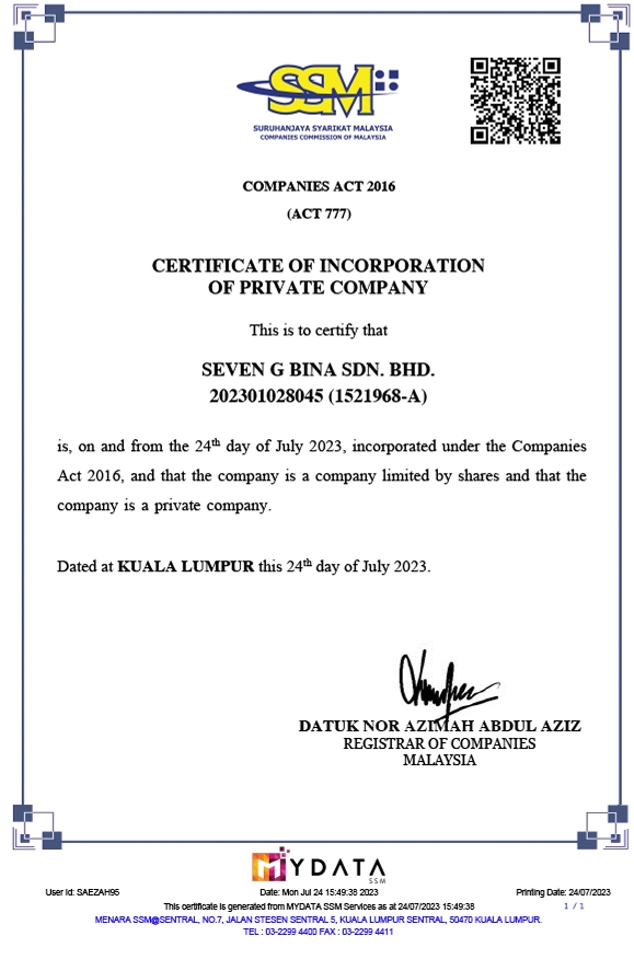 Certificate of Incorporation of Private Company — Seven G Bina Sdn Bhd, dated 24 July 2023, Kuala Lumpur